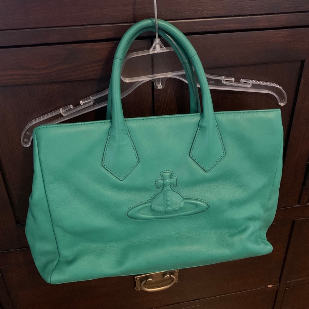 New Vivienne Westwood green leather logo tote